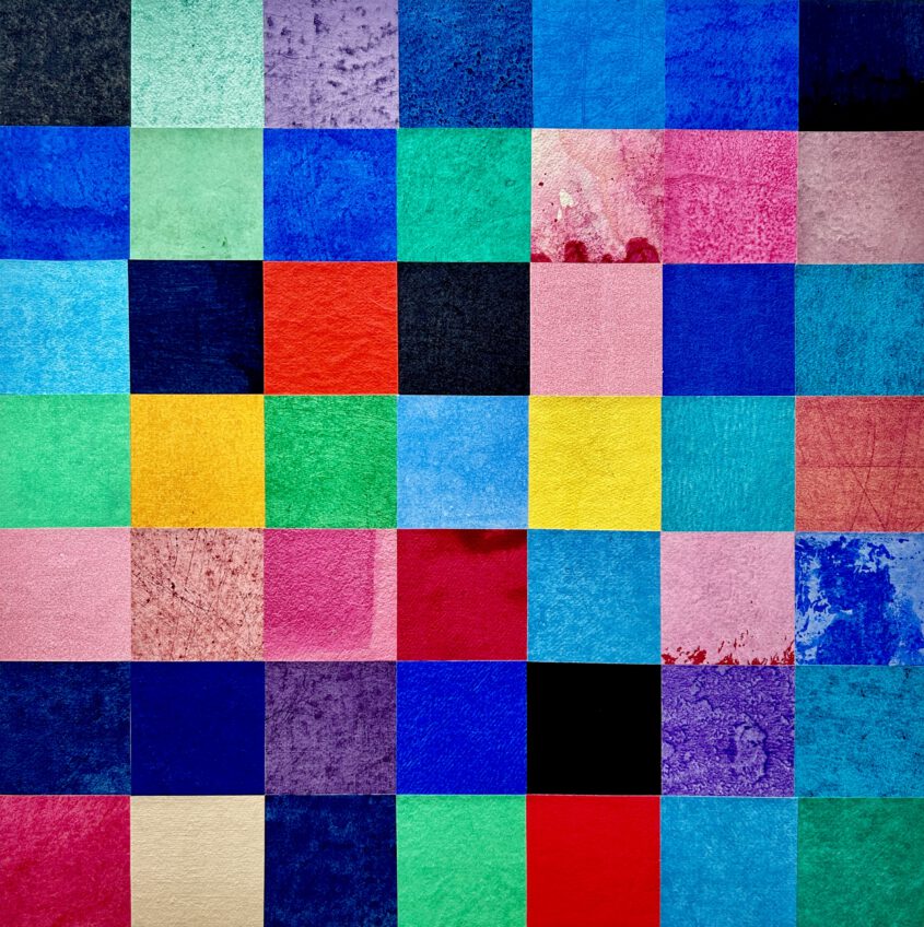 Inspiration durch Gerhard Richter: "100 Werke für Berlin", Ausstellung Neue Nationalgalerie Berlin. Handgeschöpftes Büttenpapier bemalt mit Acryl, Öl, Tempera auf Holz. 69,5 x 69,5 x 0,5 cm. Galerie Singulart for sale: 